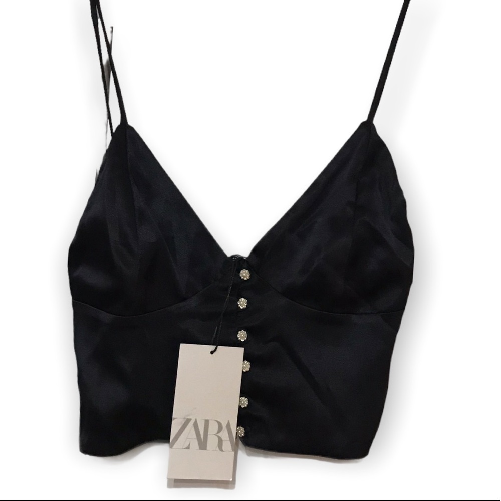 ZARA BLACK CROP TOP WITH PEARLED BUTTON - BUSTIER - SMALL - BRAND NEW WITH TAG